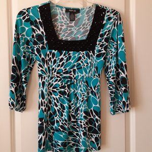 Women's top with back tie, size small, Style & Co., blue, black and white